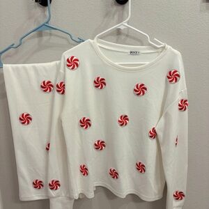 White Sweatshirt with Red Peppermint Design